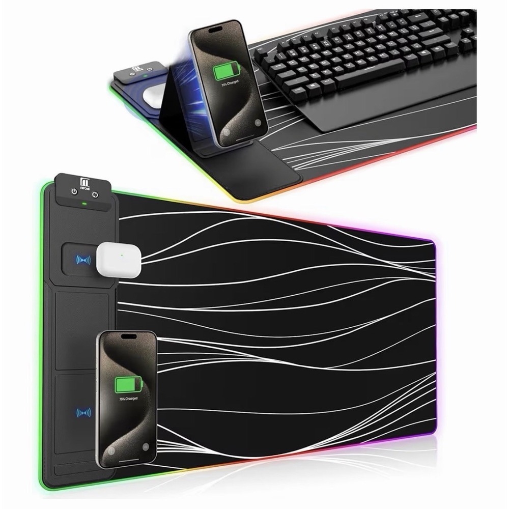 Mouse Pad with Foldable Holder - Wireless Charging Desk Mat 15W Fast - RGB Ga...